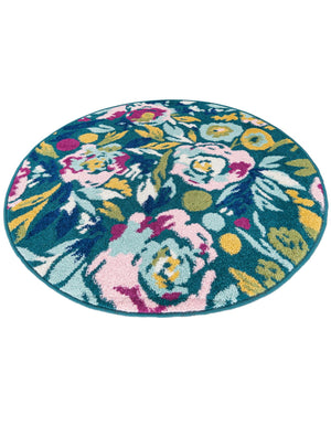 Teal 3' 3 x 3' 3 Bloom Round Area Rug 100% Polypropylene With Cotton Backing Easy Clean Colorful Blooming Flower Floral Carpet for Living Dining Room Office Dorms for Sale at Rug Engine
