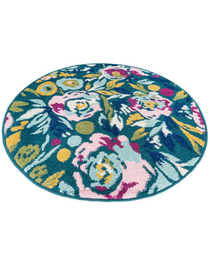 Teal 3' 3 x 3' 3 Bloom Round Area Rug 100% Polypropylene With Cotton Backing Easy Clean Colorful Blooming Flower Floral Carpet for Living Dining Room Office Dorms for Sale at Rug Engine