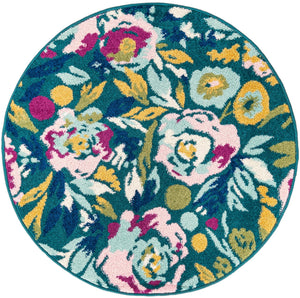 Teal 3' 3 x 3' 3 Bloom Round Area Rug 100% Polypropylene With Cotton Backing Easy Clean Colorful Blooming Flower Floral Carpet for Living Dining Room Office Dorms for Sale at Rug Engine