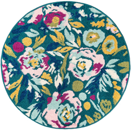 Teal 3' 3 x 3' 3 Bloom Round Area Rug 100% Polypropylene With Cotton Backing Easy Clean Colorful Blooming Flower Floral Carpet for Living Dining Room Office Dorms for Sale at Rug Engine
