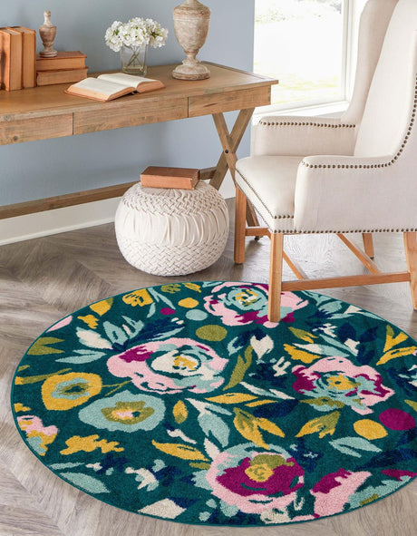Teal 7' x 7' Bloom Round Area Rug 100% Polypropylene With Cotton Backing Easy Clean Colorful Blooming Flower Floral Carpet for Living Dining Room Office Dorms for Sale at Rug Engine