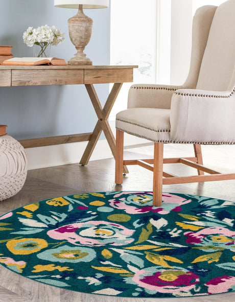 Teal 5' 3 x 5' 3 Bloom Round Area Rug 100% Polypropylene With Cotton Backing Easy Clean Colorful Blooming Flower Floral Carpet for Living Dining Room Office Dorms for Sale at Rug Engine