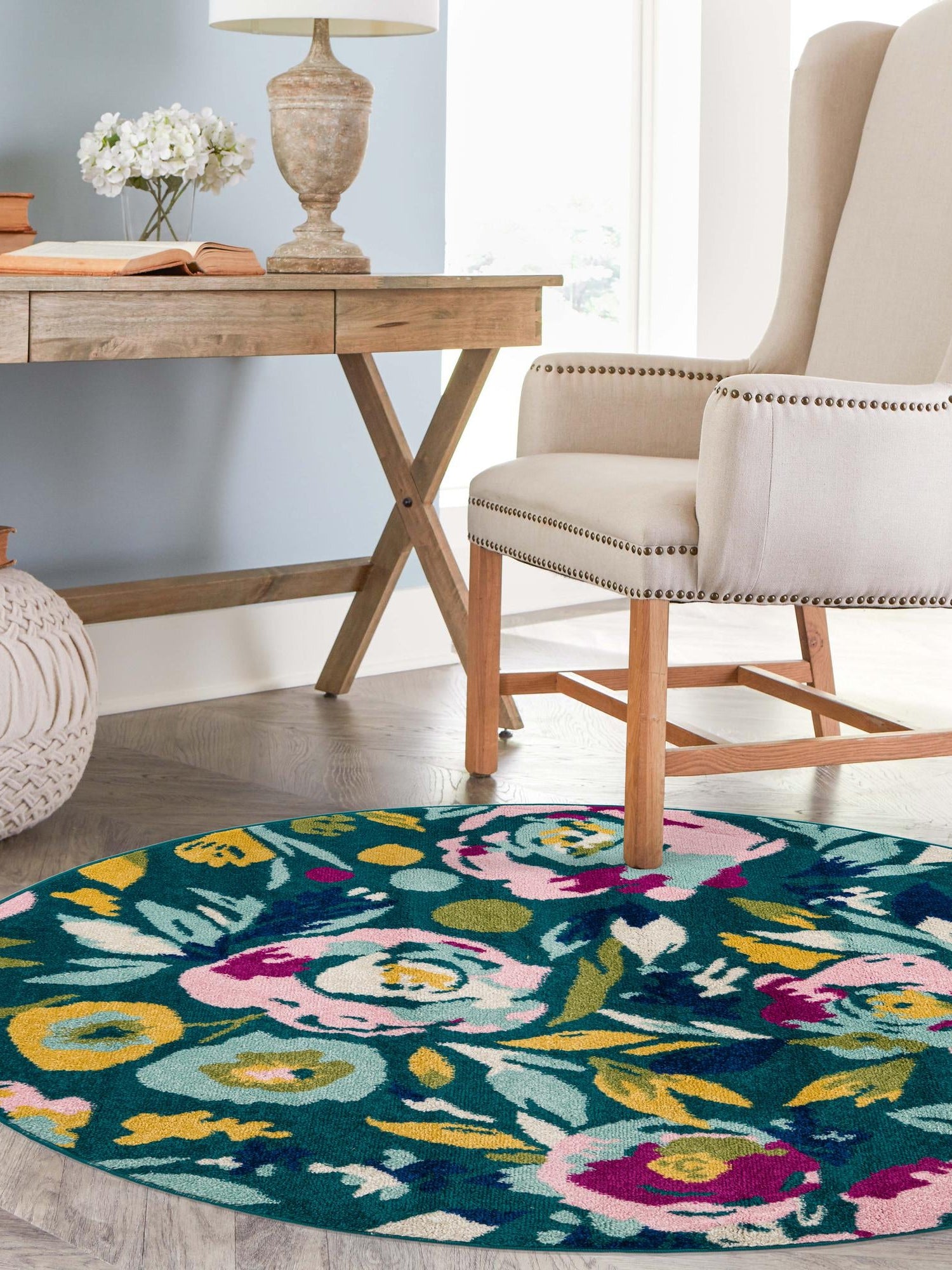 Teal 7' x 7' Bloom Round Area Rug 100% Polypropylene With Cotton Backing Easy Clean Colorful Blooming Flower Floral Carpet for Living Dining Room Office Dorms for Sale at Rug Engine