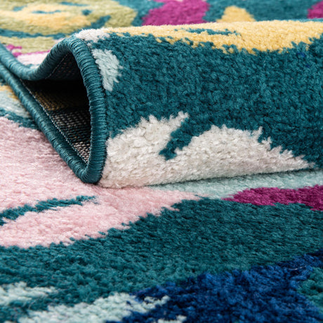Teal 6' x 6' Bloom Round Area Rug 100% Polypropylene With Cotton Backing Easy Clean Colorful Blooming Flower Floral Carpet for Living Dining Room Office Dorms for Sale at Rug Engine