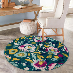 Teal 6' x 6' Bloom Round Area Rug 100% Polypropylene With Cotton Backing Easy Clean Colorful Blooming Flower Floral Carpet for Living Dining Room Office Dorms for Sale at Rug Engine