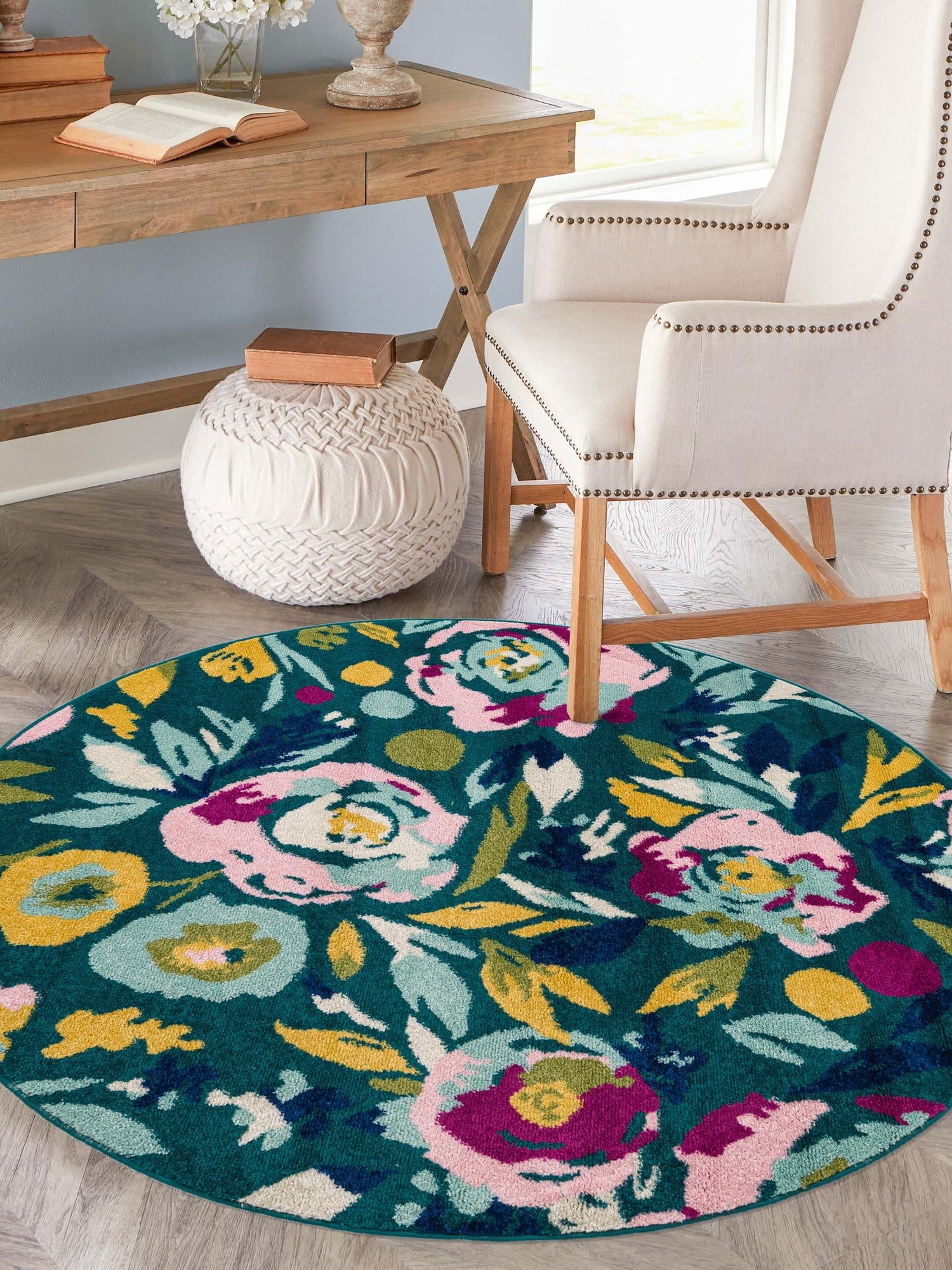 Teal 3' 3 x 3' 3 Bloom Round Area Rug 100% Polypropylene With Cotton Backing Easy Clean Colorful Blooming Flower Floral Carpet for Living Dining Room Office Dorms for Sale at Rug Engine