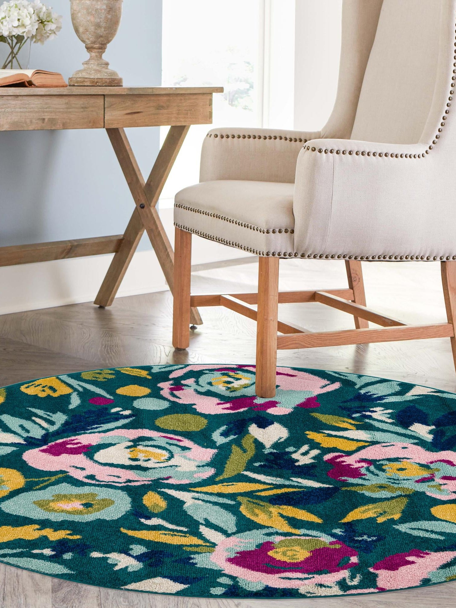 Teal 3' 3 x 3' 3 Bloom Round Area Rug 100% Polypropylene With Cotton Backing Easy Clean Colorful Blooming Flower Floral Carpet for Living Dining Room Office Dorms for Sale at Rug Engine