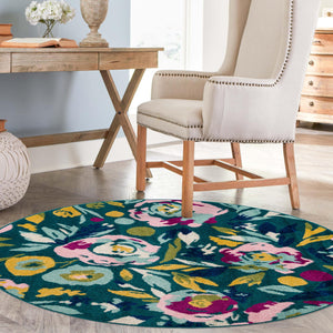Teal 7' x 7' Bloom Round Area Rug 100% Polypropylene With Cotton Backing Easy Clean Colorful Blooming Flower Floral Carpet for Living Dining Room Office Dorms for Sale at Rug Engine
