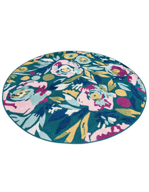 Teal 6' x 6' Bloom Round Area Rug 100% Polypropylene With Cotton Backing Easy Clean Colorful Blooming Flower Floral Carpet for Living Dining Room Office Dorms for Sale at Rug Engine