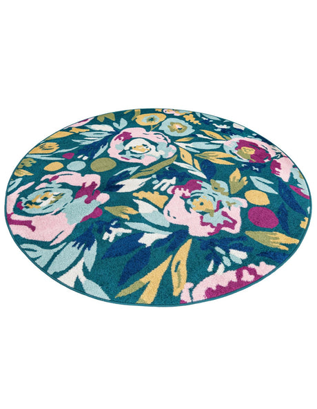 Teal 6' x 6' Bloom Round Area Rug 100% Polypropylene With Cotton Backing Easy Clean Colorful Blooming Flower Floral Carpet for Living Dining Room Office Dorms for Sale at Rug Engine