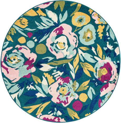 Teal 6' x 6' Bloom Round Area Rug 100% Polypropylene With Cotton Backing Easy Clean Colorful Blooming Flower Floral Carpet for Living Dining Room Office Dorms for Sale at Rug Engine