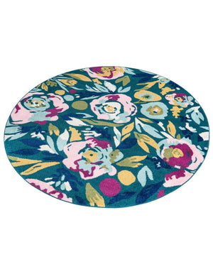 Teal 7' x 7' Bloom Round Area Rug 100% Polypropylene With Cotton Backing Easy Clean Colorful Blooming Flower Floral Carpet for Living Dining Room Office Dorms for Sale at Rug Engine