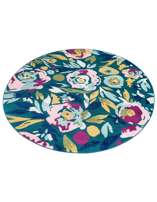 Teal 7' x 7' Bloom Round Area Rug 100% Polypropylene With Cotton Backing Easy Clean Colorful Blooming Flower Floral Carpet for Living Dining Room Office Dorms for Sale at Rug Engine