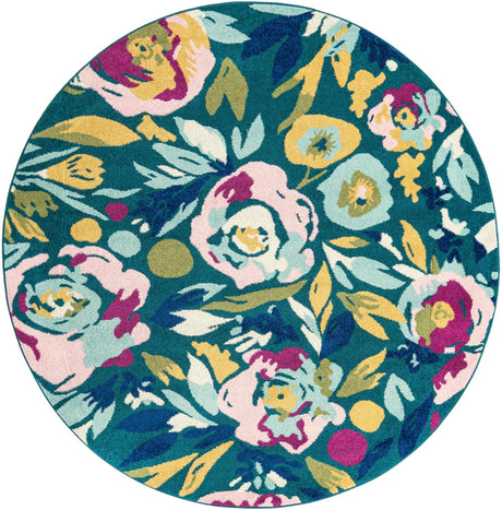 Teal 7' x 7' Bloom Round Area Rug 100% Polypropylene With Cotton Backing Easy Clean Colorful Blooming Flower Floral Carpet for Living Dining Room Office Dorms for Sale at Rug Engine