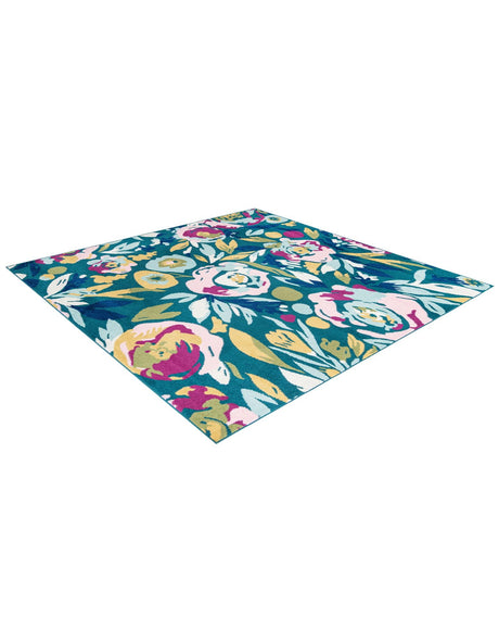 Teal 7' 10 x 7' 10 Bloom Square Area Rug 100% Polypropylene With Cotton Backing Easy Clean Colorful Blooming Flower Floral Carpet for Living Dining Room Office Dorms for Sale at Rug Engine