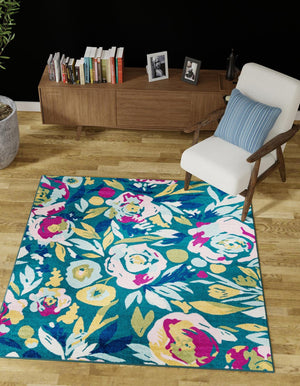 Teal 7' 10 x 7' 10 Bloom Square Area Rug 100% Polypropylene With Cotton Backing Easy Clean Colorful Blooming Flower Floral Carpet for Living Dining Room Office Dorms for Sale at Rug Engine