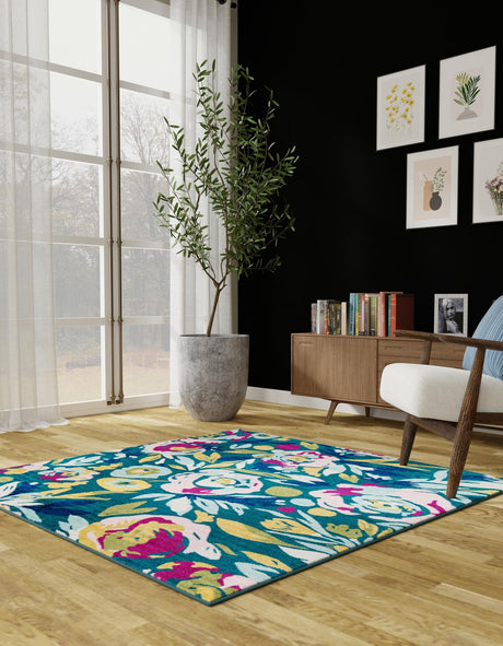 Teal 7' 10 x 7' 10 Bloom Square Area Rug 100% Polypropylene With Cotton Backing Easy Clean Colorful Blooming Flower Floral Carpet for Living Dining Room Office Dorms for Sale at Rug Engine