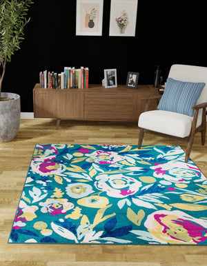 Teal 7' 10 x 7' 10 Bloom Square Area Rug 100% Polypropylene With Cotton Backing Easy Clean Colorful Blooming Flower Floral Carpet for Living Dining Room Office Dorms for Sale at Rug Engine