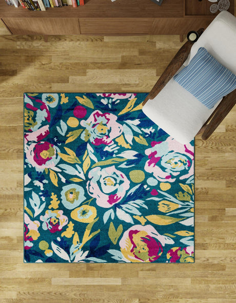 Teal 7' 10 x 7' 10 Bloom Square Area Rug 100% Polypropylene With Cotton Backing Easy Clean Colorful Blooming Flower Floral Carpet for Living Dining Room Office Dorms for Sale at Rug Engine