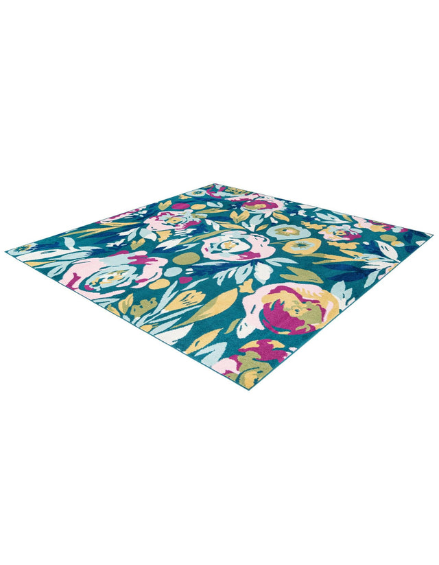 Teal 7' 10 x 7' 10 Bloom Square Area Rug 100% Polypropylene With Cotton Backing Easy Clean Colorful Blooming Flower Floral Carpet for Living Dining Room Office Dorms for Sale at Rug Engine