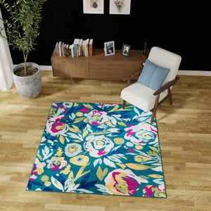 Teal 7' 10 x 7' 10 Bloom Square Area Rug 100% Polypropylene With Cotton Backing Easy Clean Colorful Blooming Flower Floral Carpet for Living Dining Room Office Dorms for Sale at Rug Engine