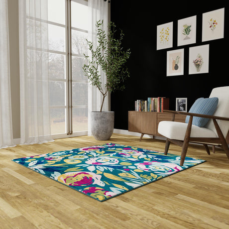 Teal 7' 10 x 7' 10 Bloom Square Area Rug 100% Polypropylene With Cotton Backing Easy Clean Colorful Blooming Flower Floral Carpet for Living Dining Room Office Dorms for Sale at Rug Engine