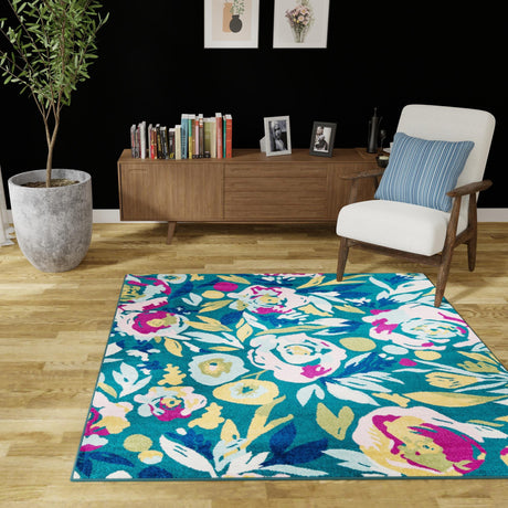 Teal 7' 10 x 7' 10 Bloom Square Area Rug 100% Polypropylene With Cotton Backing Easy Clean Colorful Blooming Flower Floral Carpet for Living Dining Room Office Dorms for Sale at Rug Engine
