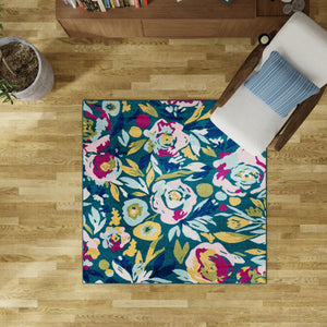Teal 7' 10 x 7' 10 Bloom Square Area Rug 100% Polypropylene With Cotton Backing Easy Clean Colorful Blooming Flower Floral Carpet for Living Dining Room Office Dorms for Sale at Rug Engine