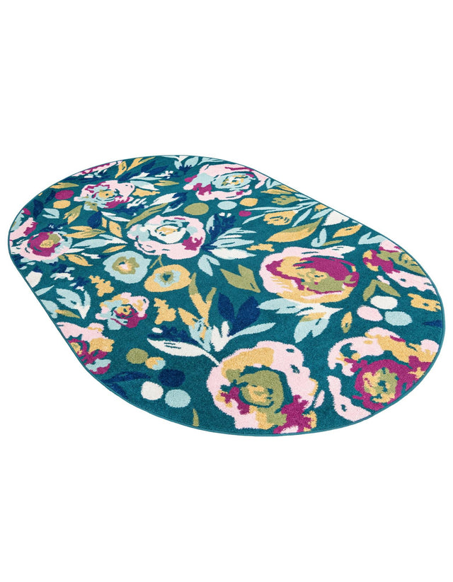 Teal 5' 3 x 7' 10 Bloom Oval Area Rug 100% Polypropylene With Cotton Backing Easy Clean Colorful Blooming Flower Floral Carpet for Living Dining Room Office Dorms for Sale at Rug Engine