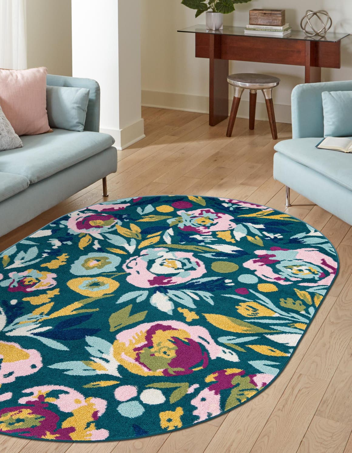 Teal 5' 3 x 7' 10 Bloom Oval Area Rug 100% Polypropylene With Cotton Backing Easy Clean Colorful Blooming Flower Floral Carpet for Living Dining Room Office Dorms for Sale at Rug Engine