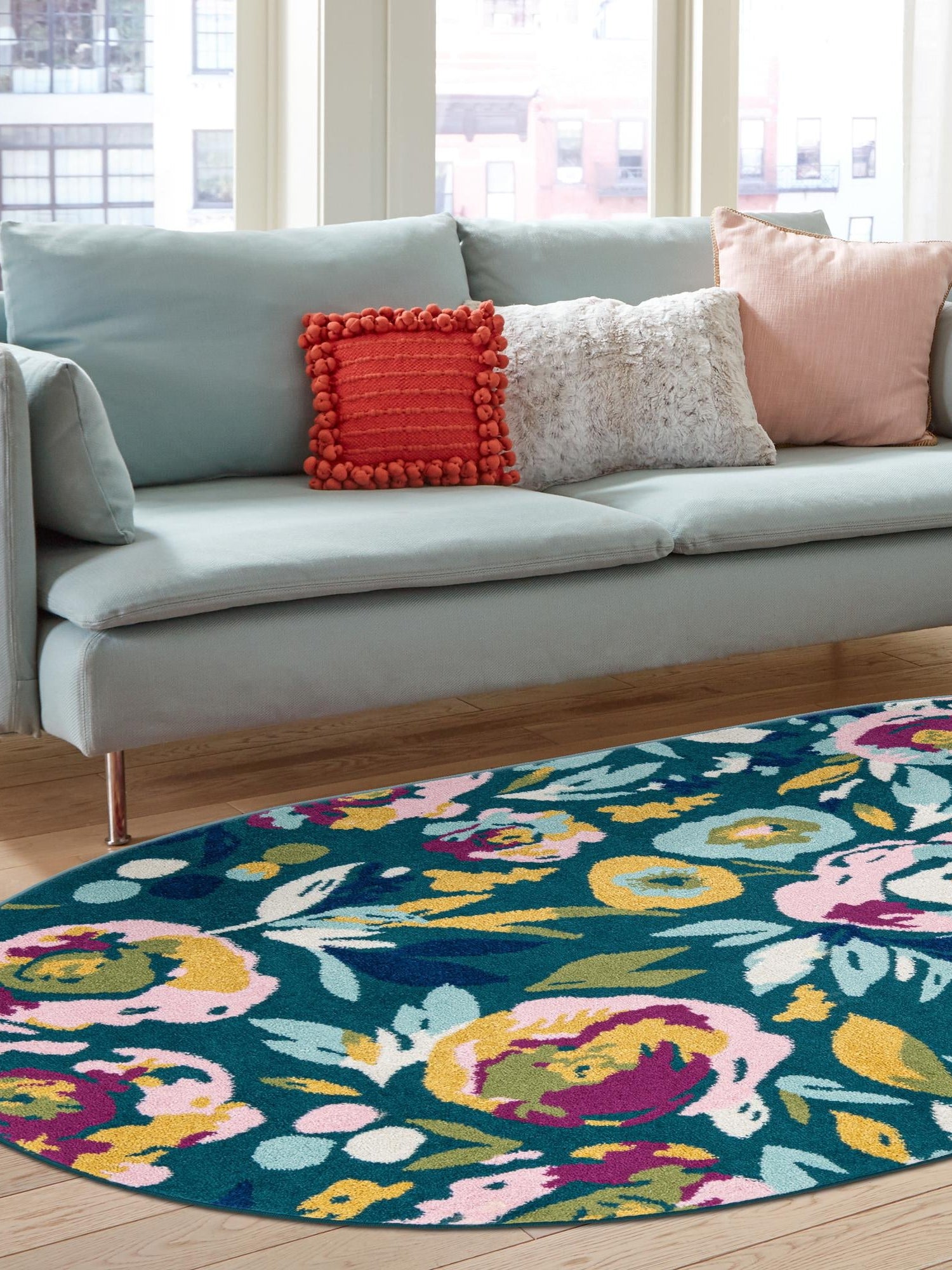 Teal 7' 10 x 10' Bloom Oval Area Rug 100% Polypropylene With Cotton Backing Easy Clean Colorful Blooming Flower Floral Carpet for Living Dining Room Office Dorms for Sale at Rug Engine