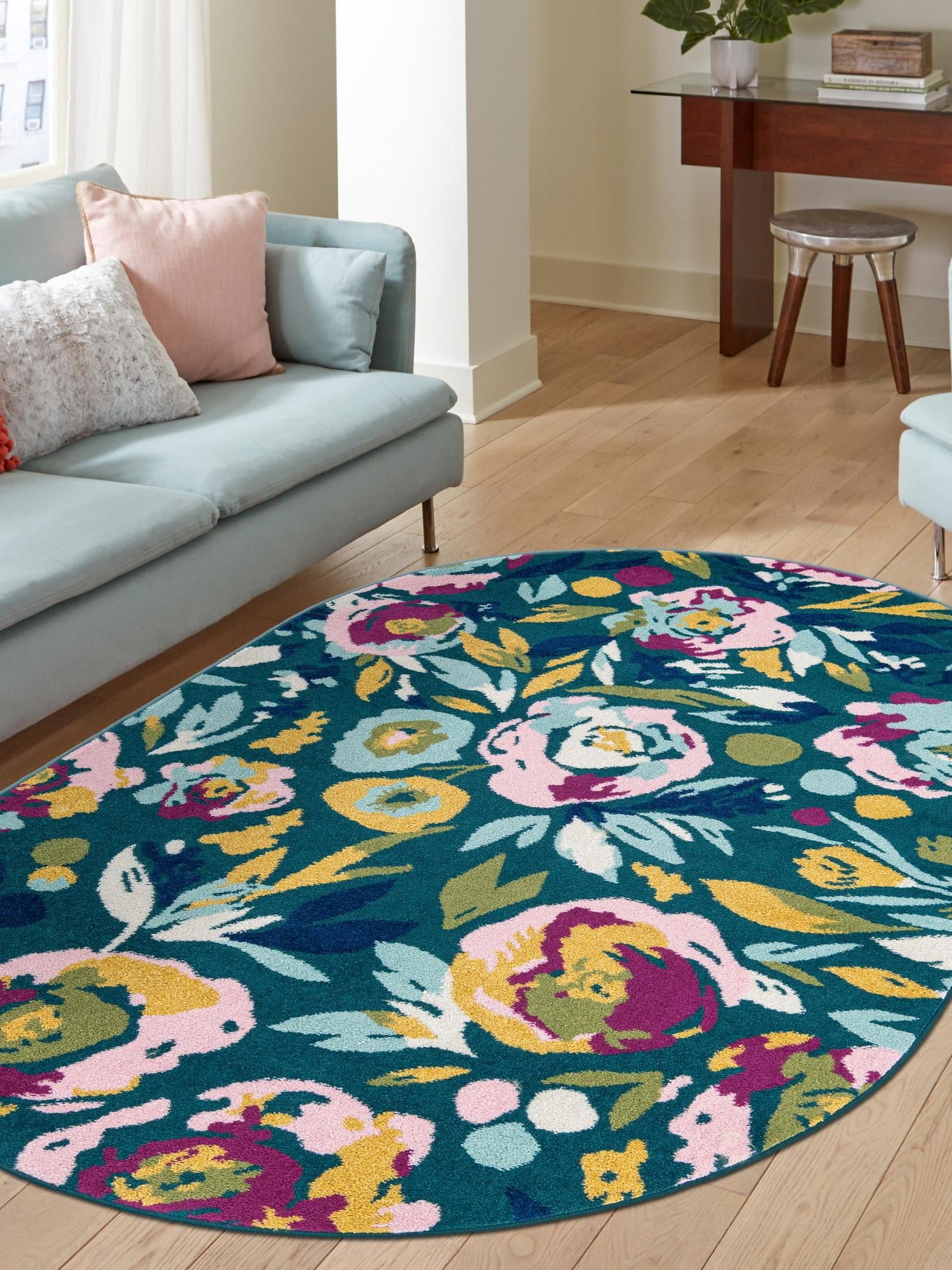 Teal 7' 10 x 10' Bloom Oval Area Rug 100% Polypropylene With Cotton Backing Easy Clean Colorful Blooming Flower Floral Carpet for Living Dining Room Office Dorms for Sale at Rug Engine