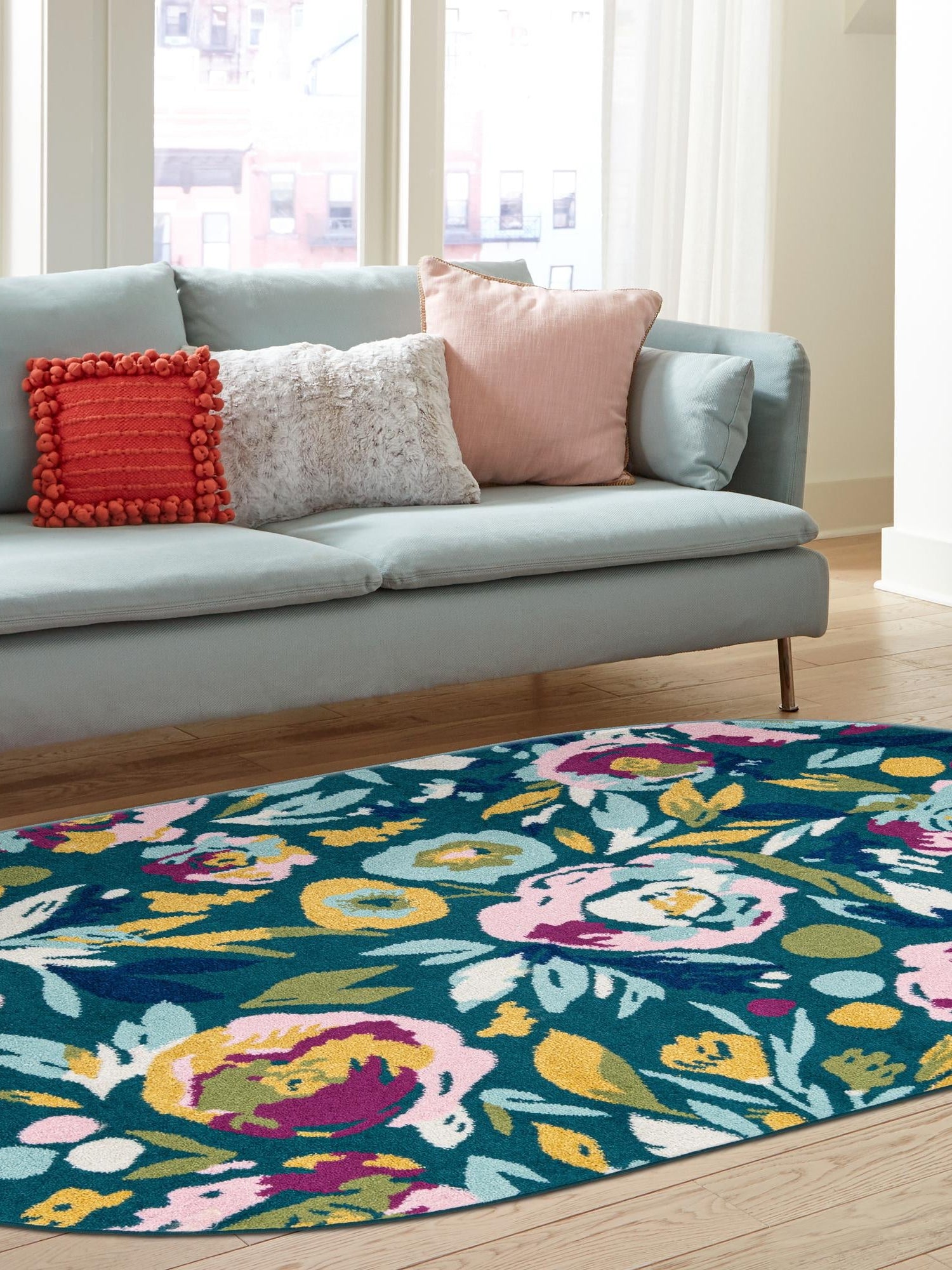 Teal 7' 10 x 10' Bloom Oval Area Rug 100% Polypropylene With Cotton Backing Easy Clean Colorful Blooming Flower Floral Carpet for Living Dining Room Office Dorms for Sale at Rug Engine