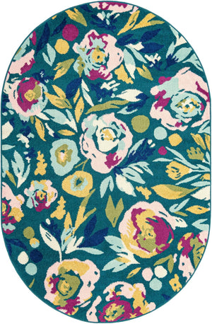 Teal 5' 3 x 7' 10 Bloom Oval Area Rug 100% Polypropylene With Cotton Backing Easy Clean Colorful Blooming Flower Floral Carpet for Living Dining Room Office Dorms for Sale at Rug Engine