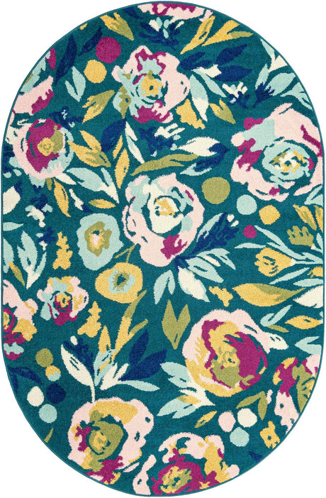 Teal 5' 3 x 7' 10 Bloom Oval Area Rug 100% Polypropylene With Cotton Backing Easy Clean Colorful Blooming Flower Floral Carpet for Living Dining Room Office Dorms for Sale at Rug Engine
