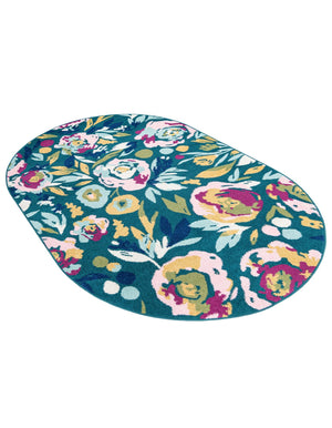 Teal 7' 10 x 10' Bloom Oval Area Rug 100% Polypropylene With Cotton Backing Easy Clean Colorful Blooming Flower Floral Carpet for Living Dining Room Office Dorms for Sale at Rug Engine