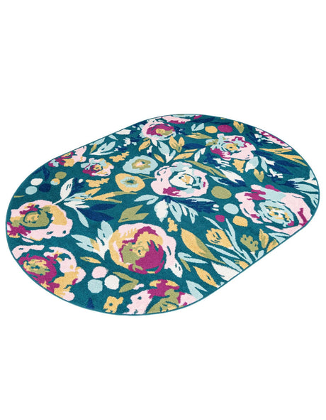 Teal 7' 10 x 10' Bloom Oval Area Rug 100% Polypropylene With Cotton Backing Easy Clean Colorful Blooming Flower Floral Carpet for Living Dining Room Office Dorms for Sale at Rug Engine