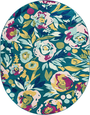 Teal 7' 10 x 10' Bloom Oval Area Rug 100% Polypropylene With Cotton Backing Easy Clean Colorful Blooming Flower Floral Carpet for Living Dining Room Office Dorms for Sale at Rug Engine