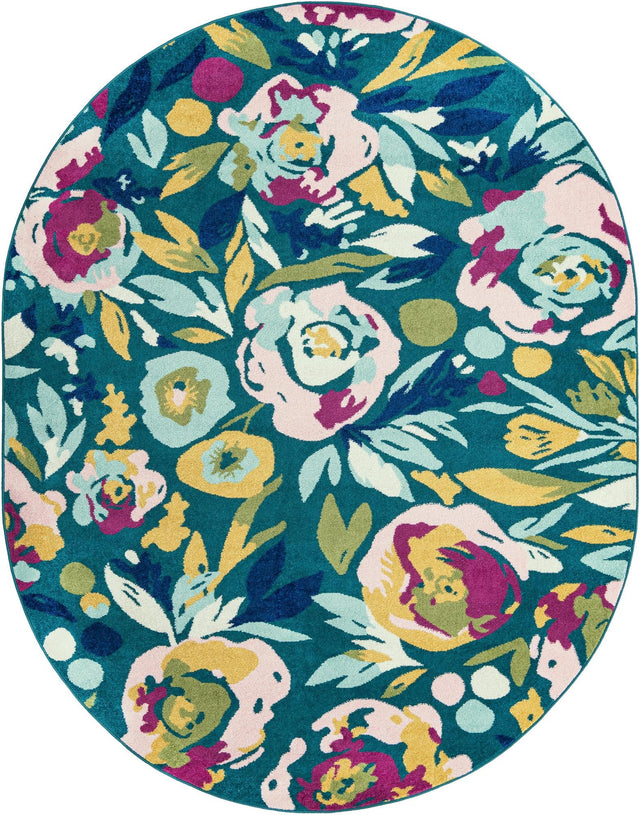 Teal 7' 10 x 10' Bloom Oval Area Rug 100% Polypropylene With Cotton Backing Easy Clean Colorful Blooming Flower Floral Carpet for Living Dining Room Office Dorms for Sale at Rug Engine