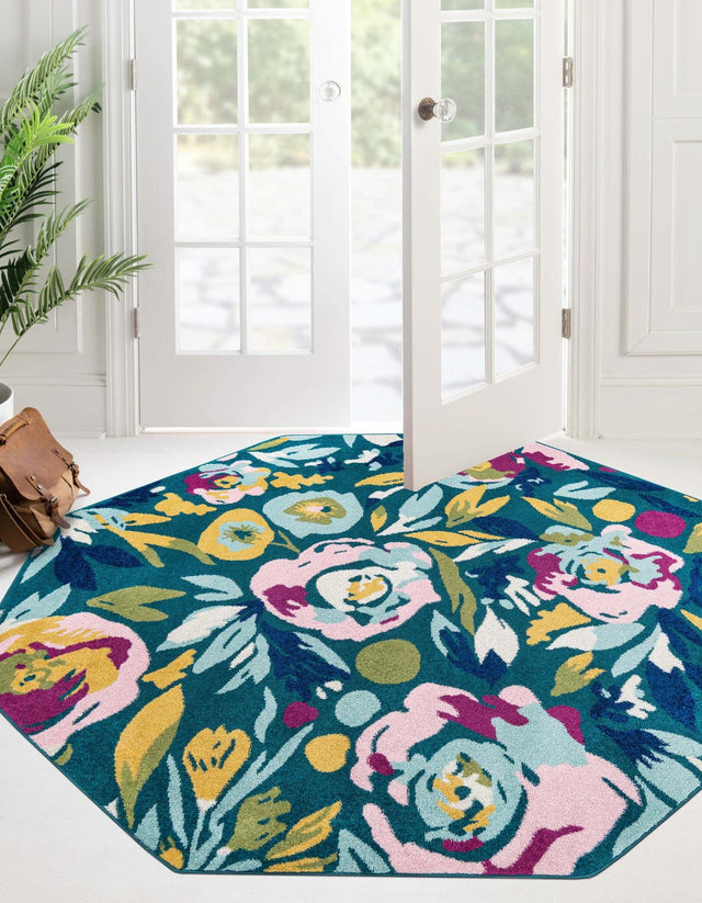 Teal 7' x 7' Bloom Octagon Area Rug 100% Polypropylene With Cotton Backing Easy Clean Colorful Blooming Flower Floral Carpet for Living Dining Room Office Dorms for Sale at Rug Engine
