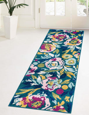 Teal 2' x 8' Bloom Runner Area Rug 100% Polypropylene With Cotton Backing Easy Clean Colorful Blooming Flower Floral Carpet for Living Dining Room Office Dorms for Sale at Rug Engine