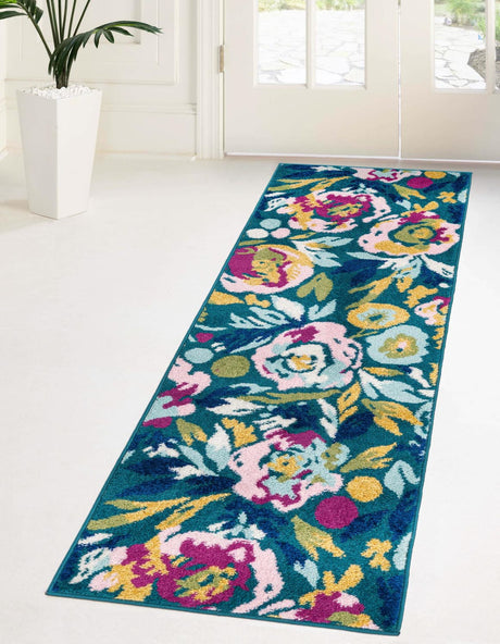 Teal 2' x 8' Bloom Runner Area Rug 100% Polypropylene With Cotton Backing Easy Clean Colorful Blooming Flower Floral Carpet for Living Dining Room Office Dorms for Sale at Rug Engine