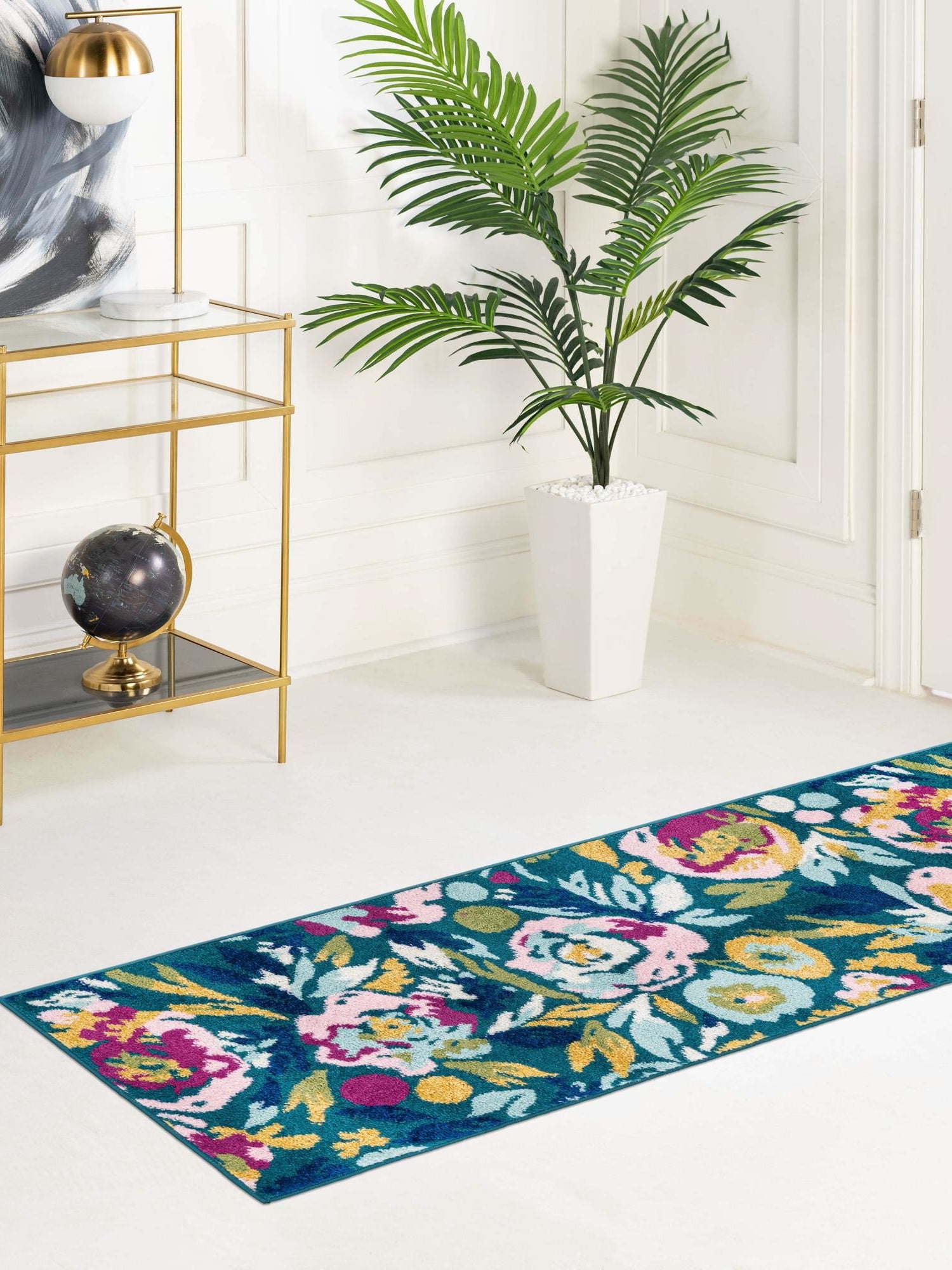Teal 2' 7 x 12' Bloom Runner Area Rug 100% Polypropylene With Cotton Backing Easy Clean Colorful Blooming Flower Floral Carpet for Living Dining Room Office Dorms for Sale at Rug Engine