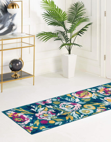 Teal 2' 7 x 12' Bloom Runner Area Rug 100% Polypropylene With Cotton Backing Easy Clean Colorful Blooming Flower Floral Carpet for Living Dining Room Office Dorms for Sale at Rug Engine