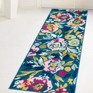 Teal 2' 7 x 12' Bloom Runner Area Rug 100% Polypropylene With Cotton Backing Easy Clean Colorful Blooming Flower Floral Carpet for Living Dining Room Office Dorms for Sale at Rug Engine
