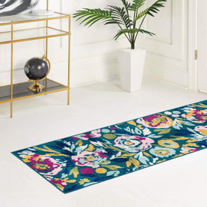 Teal 2' x 8' Bloom Runner Area Rug 100% Polypropylene With Cotton Backing Easy Clean Colorful Blooming Flower Floral Carpet for Living Dining Room Office Dorms for Sale at Rug Engine