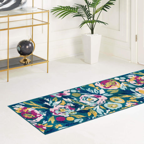 Teal 2' x 8' Bloom Runner Area Rug 100% Polypropylene With Cotton Backing Easy Clean Colorful Blooming Flower Floral Carpet for Living Dining Room Office Dorms for Sale at Rug Engine