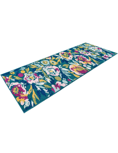 Teal 2' x 8' Bloom Runner Area Rug 100% Polypropylene With Cotton Backing Easy Clean Colorful Blooming Flower Floral Carpet for Living Dining Room Office Dorms for Sale at Rug Engine