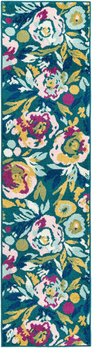 Teal 2' x 8' Bloom Runner Area Rug 100% Polypropylene With Cotton Backing Easy Clean Colorful Blooming Flower Floral Carpet for Living Dining Room Office Dorms for Sale at Rug Engine