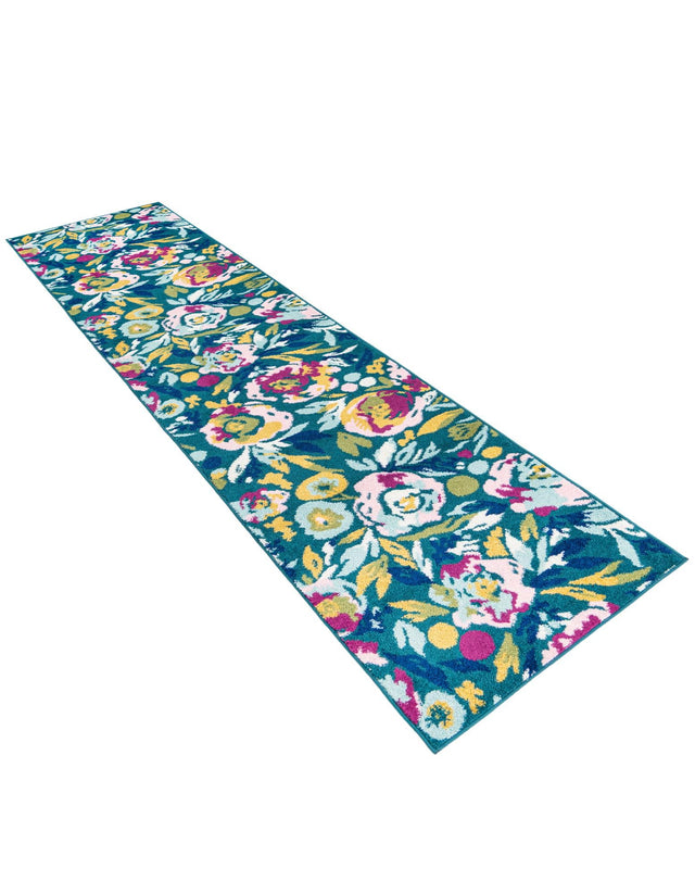 Teal 2' 7 x 12' Bloom Runner Area Rug 100% Polypropylene With Cotton Backing Easy Clean Colorful Blooming Flower Floral Carpet for Living Dining Room Office Dorms for Sale at Rug Engine
